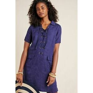 New Anthropologie Finley Lace-Up Mini Shirtdress $140 SIZE 2 Navy